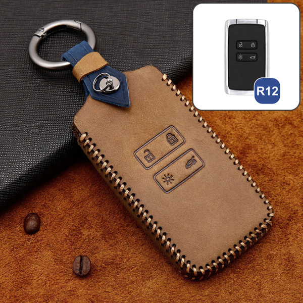 Premium Leather key fob cover case fit for Renault R12 remote key brown