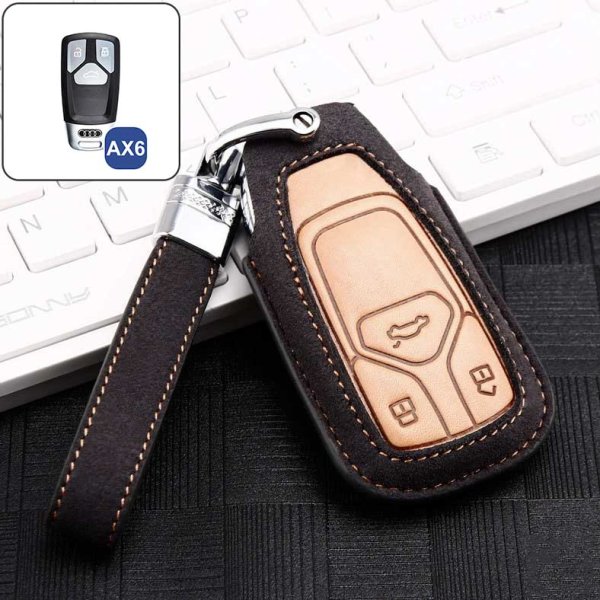 Premium Leder Schlüsselhülle / Schutzhülle (LEK59) passend für Audi Schlüssel inkl. Lederband - grau