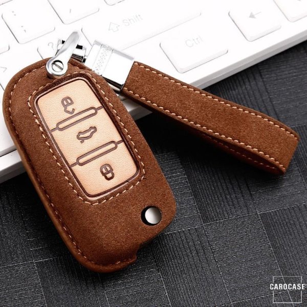 Premium Leder Schlüsselhülle / Schutzhülle (LEK59) passend für Volkswagen, Skoda, Seat Schlüssel inkl. Lederband - braun