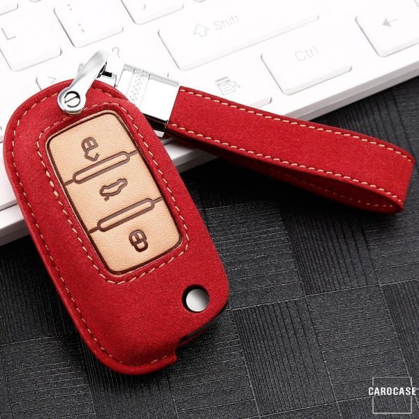 Cover protettiva (LEK59) in pelle premium per chiavi Volkswagen, Skoda, Seat Compreso cinturino in pelle - rosso