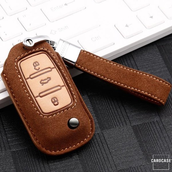 Coque de clé de Voiture (LEK59) en cuir compatible avec Volkswagen, Skoda, Seat clés incl. bracelet en cuir - brun