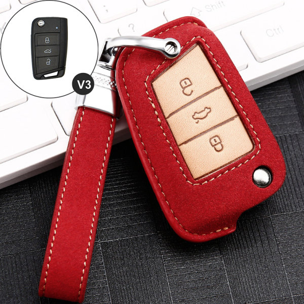 Premium leather key cover (LEK59) for Volkswagen, Skoda, Seat keys incl. leather strap / keychain - red