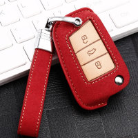 Premium Leder Schlüsselhülle / Schutzhülle (LEK59) passend für Volkswagen, Skoda, Seat Schlüssel inkl. Lederband - rot