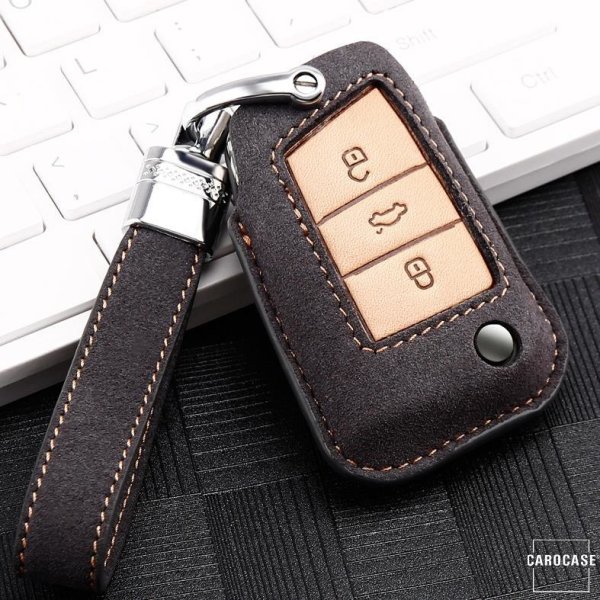 Premium Leder Schlüsselhülle / Schutzhülle (LEK59) passend für Volkswagen, Audi, Skoda, Seat Schlüssel inkl. Lederband - grau
