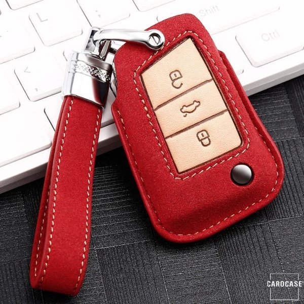 Premium Leder Schlüsselhülle / Schutzhülle (LEK59) passend für Volkswagen, Audi, Skoda, Seat Schlüssel inkl. Lederband - rot