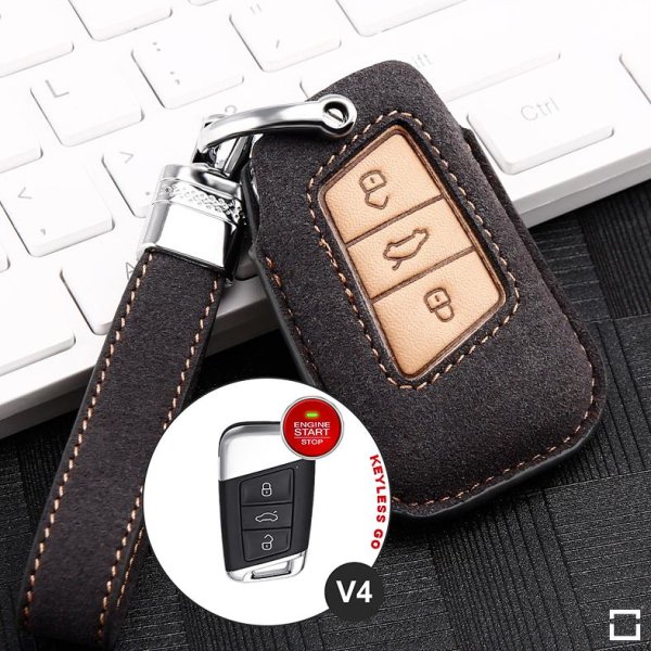 Premium leather key cover (LEK59) for Volkswagen, Skoda, Seat keys incl. leather strap / keychain - grey