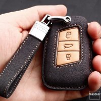 Premium Leder Schlüsselhülle / Schutzhülle (LEK59) passend für Volkswagen, Skoda, Seat Schlüssel inkl. Lederband - grau