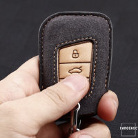 Premium Leder Schlüsselhülle / Schutzhülle (LEK59) passend für Volkswagen, Skoda, Seat Schlüssel inkl. Lederband - grau