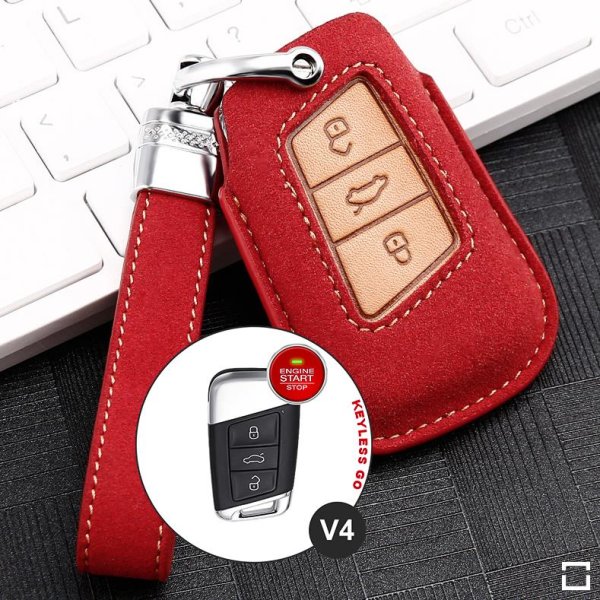 Premium Leder Schlüsselhülle / Schutzhülle (LEK59) passend für Volkswagen, Skoda, Seat Schlüssel inkl. Lederband - rot