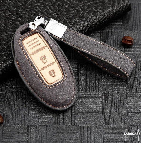 Premium leather key cover (LEK59) for Nissan keys incl. leather strap / keychain - grey