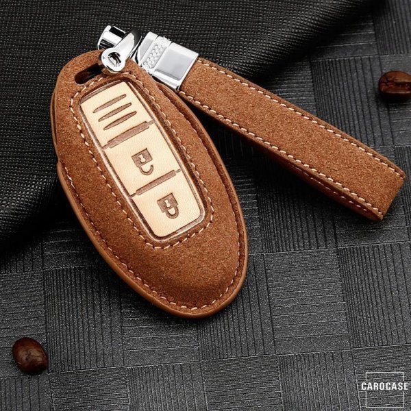 Premium Leder Schlüsselhülle / Schutzhülle (LEK59) passend für Nissan Schlüssel inkl. Lederband - braun