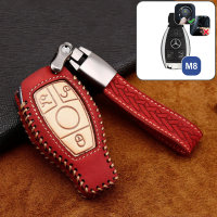 Premium Leder Cover passend für Mercedes-Benz Autoschlüssel inkl. Lederband und Karabiner rot LEK31-M8-3