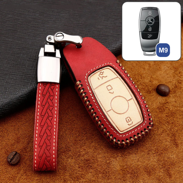 Premium Leather key fob cover case fit for Mercedes-Benz M9 remote key red
