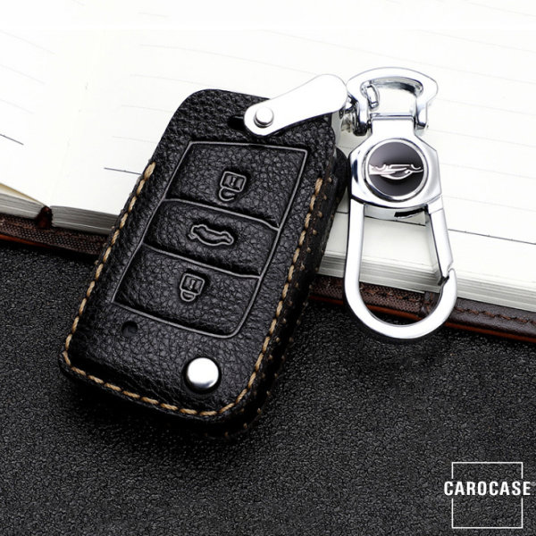 Cuero de primera calidad funda para llave de Volkswagen, Skoda, Seat V3X negro