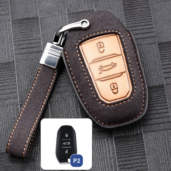 Premium leather key cover (LEK59) for Opel, Toyota, Citroen, Peugeot keys incl. leather strap / keychain - grey