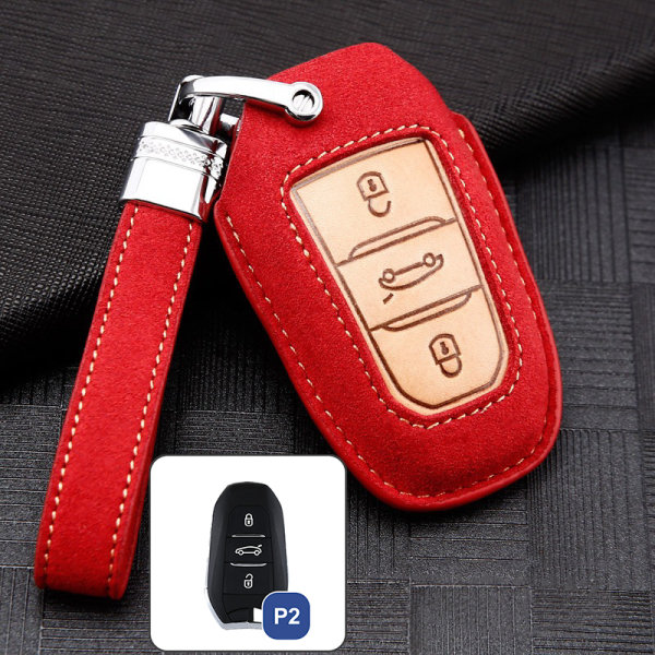 Premium leather key cover (LEK59) for Opel, Toyota, Citroen, Peugeot keys incl. leather strap / keychain - red