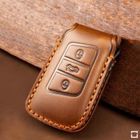 Coque de clé de Voiture (LEK64) en cuir compatible avec Volkswagen, Skoda, Seat clés incl. porte-clés et bracelet en cuir - brun clair