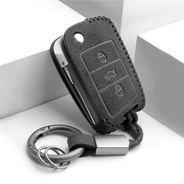 Funda protectora de cuero alcantara (LEK69) para llaves Volkswagen, Skoda, Seat Incluye mosquetón + llavero - negro