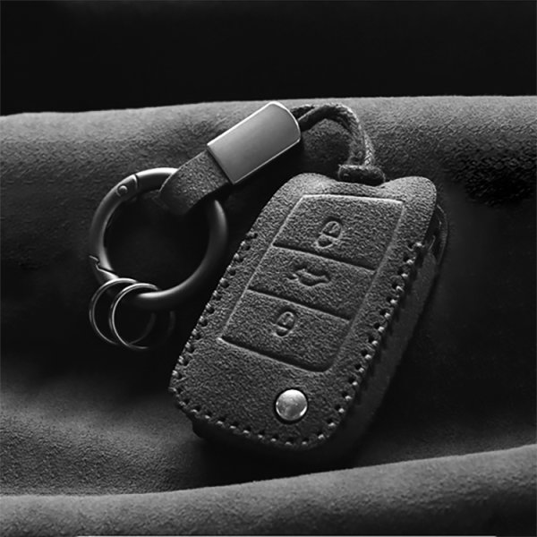 Alcantara key cover (LEK69) for Volkswagen, Skoda, Seat keys Incl. hook + key ring - black