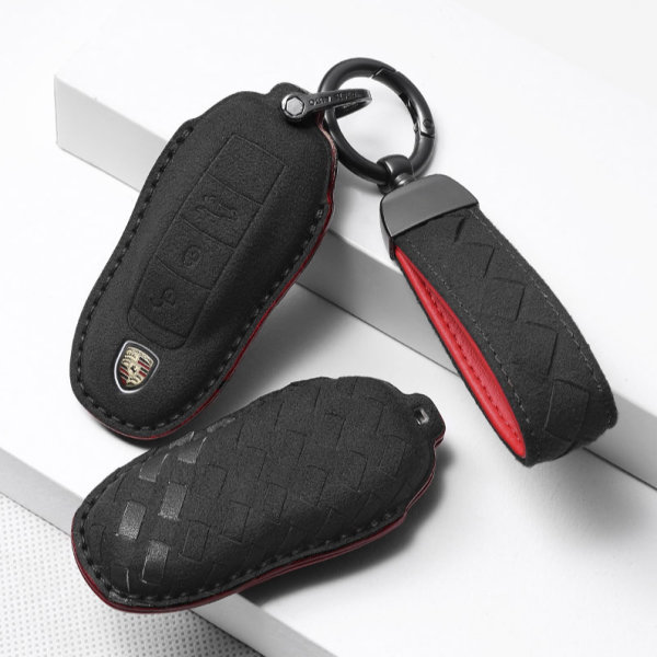 Coque de clé de voiture en cuir alcantara (LEK72) compatible avec Porsche clés incl. porte-clés (alcantara) - noir