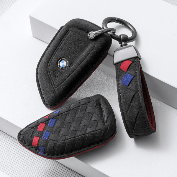 Funda protectora de cuero alcantara (LEK72) para llaves BMW incluye llavero - negro/rojo/azul