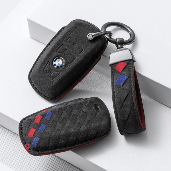 Alcantara key cover (LEK72) for BMW keys incl. keychain - black/red/blue