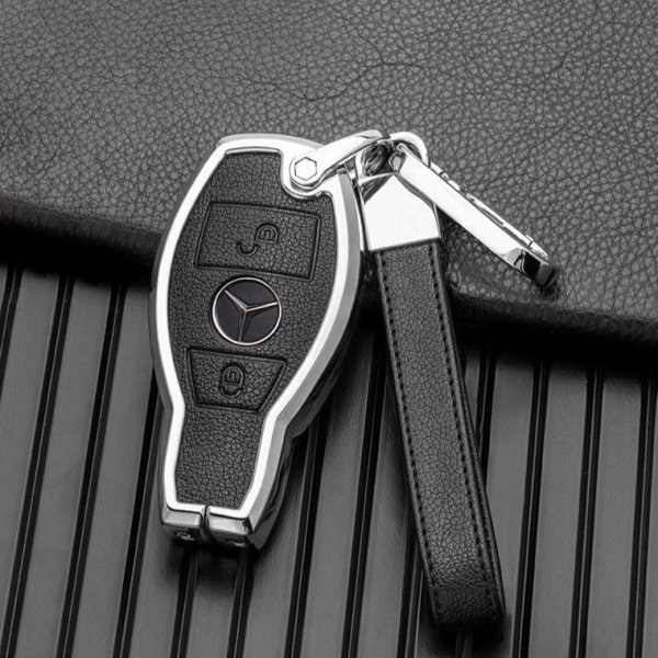 Key case cover FOB (HEK58) for Mercedes-Benz keys incl. keychain - chrome/black