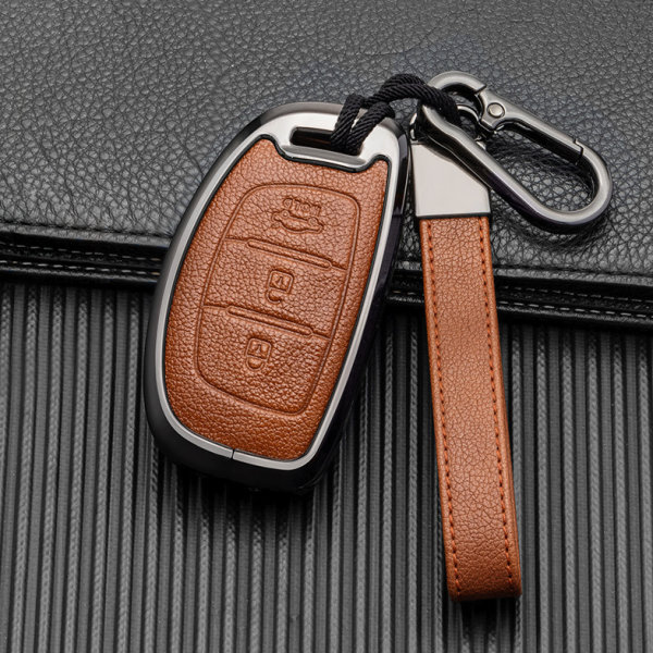 Key case cover FOB (HEK58) for Hyundai keys incl. keychain - anthracite/light brown