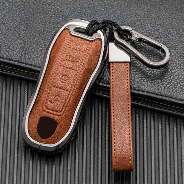 Key case cover FOB (HEK58) for Porsche keys incl. keychain - anthracite/light brown