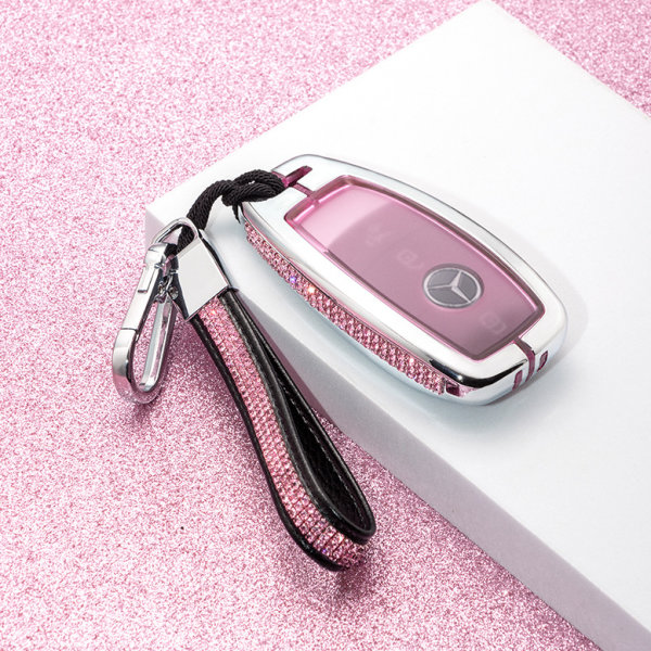 Coque de clé de voiture (HEK60) compatible avec Mercedes-Benz clés incl. porte-clés (alcantara) - chrome/rose