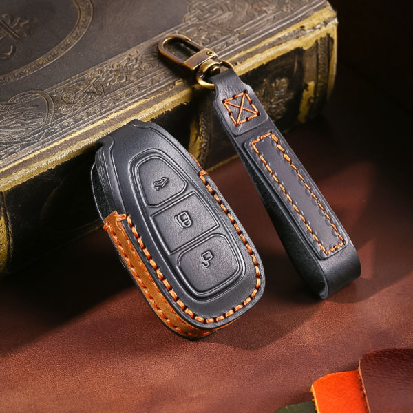 Funda protectora de cuero premium (LEK64) para llaves Ford Incluye mosquetón + correa de piel - marron oscuro