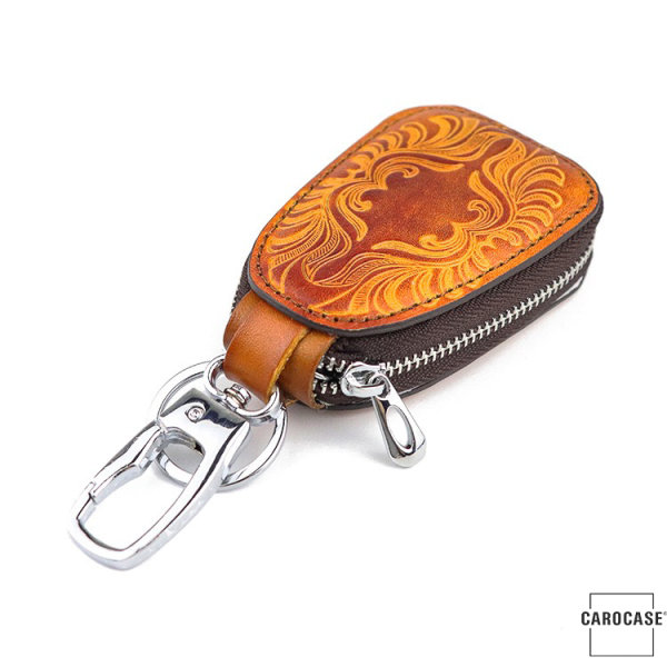 Leder Schlüsseletui mit Ornament Aufdruck inkl. Karabiner - STS4 brun clair