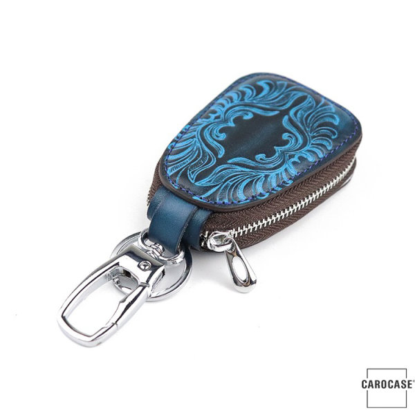 Leder Schlüsseletui mit Ornament Aufdruck inkl. Karabiner - STS4 bleu